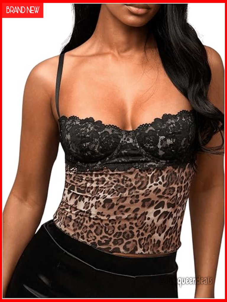 Floral Lace Trim Spaghetti Strap Crop Cami Top Fitted Summer Tank